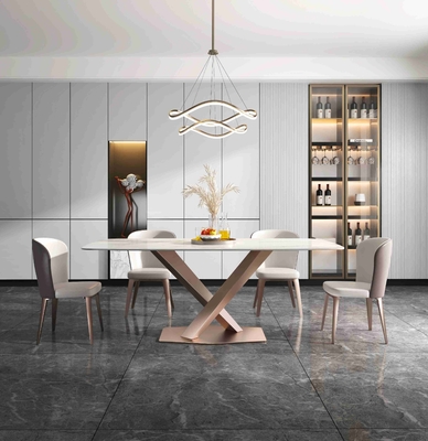 Meja Makan Modern Mewah Polos X Base 6 8 Seater Marmer Top Stainless Steel Frame