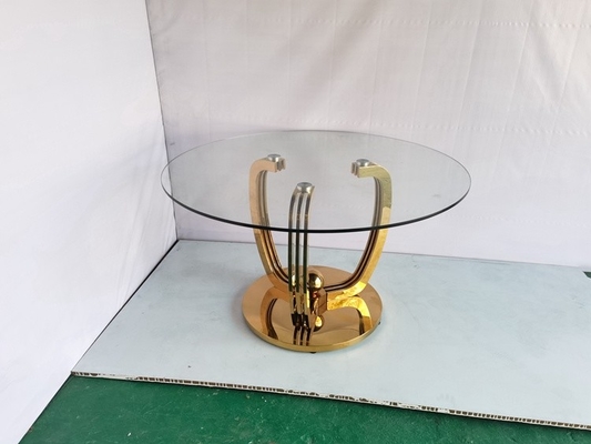 Meja Makan Basis Stainless Steel Emas Minimalis Dengan Kaca Atas