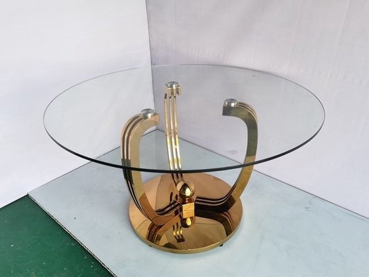 Meja Makan Basis Stainless Steel Emas Minimalis Dengan Kaca Atas