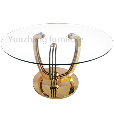 Meja Makan Bulat Model Mewah Transparan 10mm Tebal Atas Kaca Tempered Dengan Dasar Emas