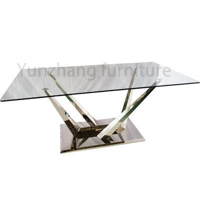 Meja Makan Modern Mewah Warna Silver Glossy Kaca Tempered Meja Makan Canggih
