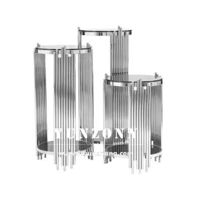 Meja Ujung Samping Modern 3 Set Kabinet Rak Anggur Dengan Dudukan Bunga Dasar Stainless Steel Emas