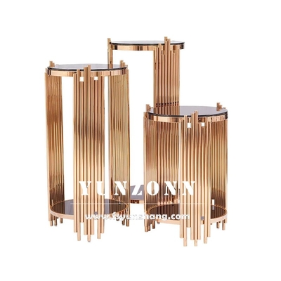 Meja Ujung Samping Modern 3 Set Kabinet Rak Anggur Dengan Dudukan Bunga Dasar Stainless Steel Emas