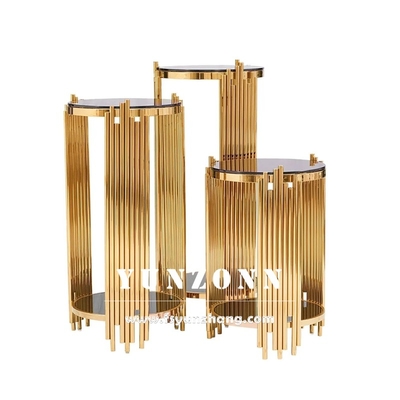 Meja Ujung Samping Modern 3 Set Kabinet Rak Anggur Dengan Dudukan Bunga Dasar Stainless Steel Emas