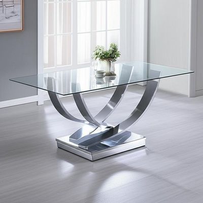 Meja Makan Modern Mewah Warna Silver Glossy Kaca Tempered Meja Makan Canggih