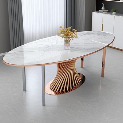 Meja Makan Modern Mewah Dipoles Marmer Dalam Warna Silver Rose Gold