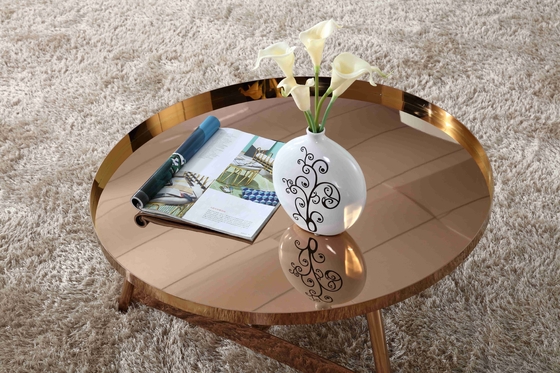 Interior Meja Kopi Bersinar Stainless Steel Putaran Rose Gold Perabot Ruang Tamu