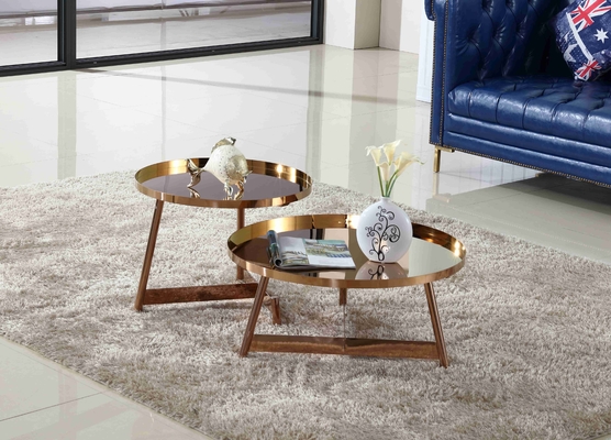 Interior Meja Kopi Bersinar Stainless Steel Putaran Rose Gold Perabot Ruang Tamu
