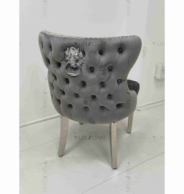 Gray Power Lion Kancing Kembali Kursi Makan Kursi Ruang Makan Empuk Kaki Stainless Steel Perak