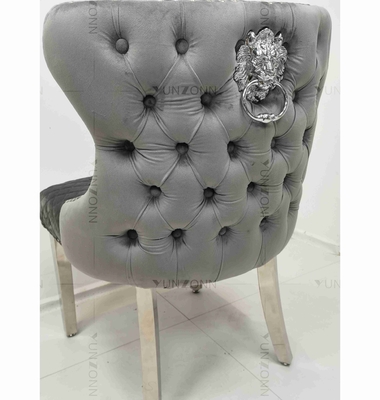 Gray Power Lion Kancing Kembali Kursi Makan Kursi Ruang Makan Empuk Kaki Stainless Steel Perak