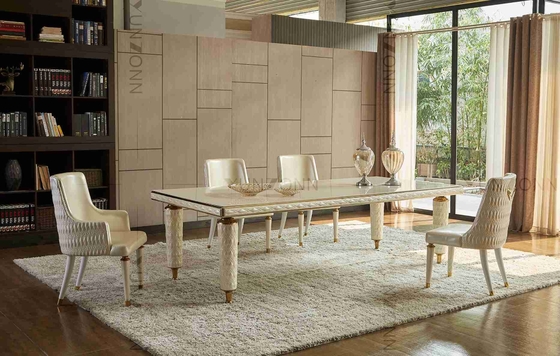 Penutup Kulit Bordir Meja Makan Modern Mewah Kaca Tempered Putih Bingkai Stainless Steel Atas Untuk Rumah