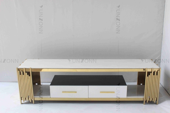 Ruang Tamu Meja Konsol Tv Putih Dan Emas Marmer Atas Stainless Steel Dengan Laci