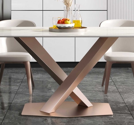 Meja Makan Modern Mewah Polos X Base 6 8 Seater Marmer Top Stainless Steel Frame