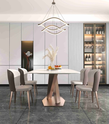 Meja Makan Modern Mewah Polos X Base 6 8 Seater Marmer Top Stainless Steel Frame