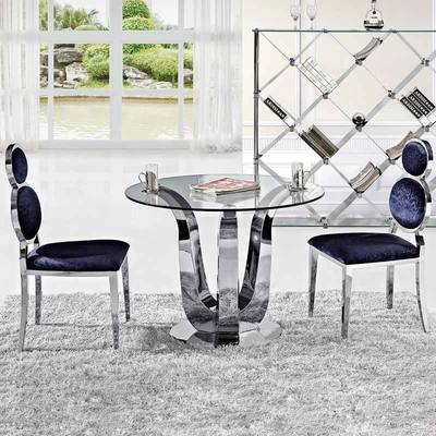 Meja Makan Modern Mewah Glam Perak Antik D150XH75 Meja Makan Atas Kaca