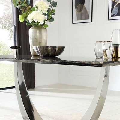 Stainless Steel Perak Hitam Marmer Atas Meja Makan Set Meja Makan Modern Mewah 150X90X75