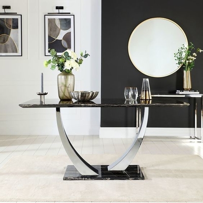 Stainless Steel Perak Hitam Marmer Atas Meja Makan Set Meja Makan Modern Mewah 150X90X75