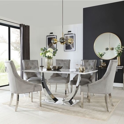 Stainless Steel Perak Hitam Marmer Atas Meja Makan Set Meja Makan Modern Mewah 150X90X75