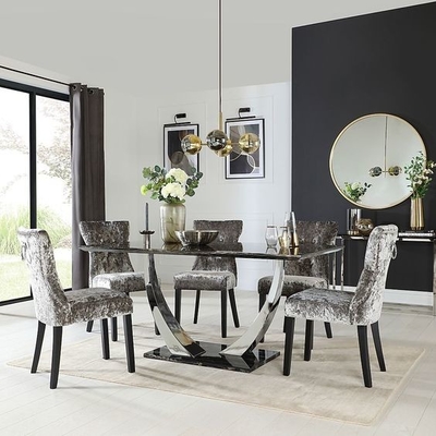 Stainless Steel Perak Hitam Marmer Atas Meja Makan Set Meja Makan Modern Mewah 150X90X75