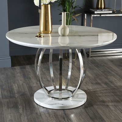Meja Makan Perak Stainless Steel Top Marmer Gurih Dengan Kursi Set H75cm