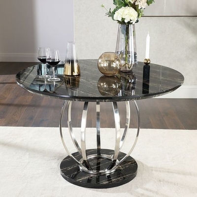 Meja Makan Perak Stainless Steel Top Marmer Gurih Dengan Kursi Set H75cm