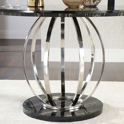 Meja Makan Perak Stainless Steel Top Marmer Gurih Dengan Kursi Set H75cm