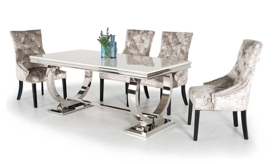 Meja Makan Kaki Stainless Steel Perak Emas Set 6 Kursi Dengan Atasan Marmer
