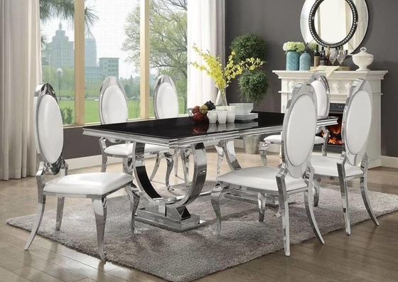 Meja Makan Kaki Stainless Steel Perak Emas Set 6 Kursi Dengan Atasan Marmer