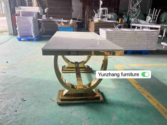 Meja Makan Kaki Stainless Steel Perak Emas Set 6 Kursi Dengan Atasan Marmer