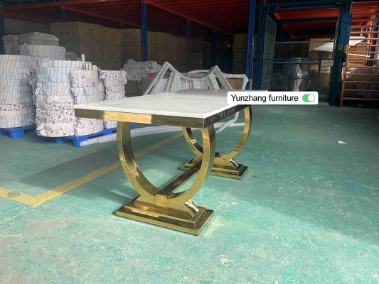 Meja Makan Kaki Stainless Steel Perak Emas Set 6 Kursi Dengan Atasan Marmer
