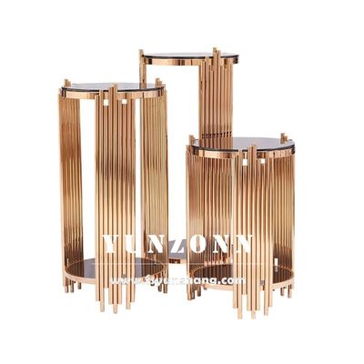 Harga yang bagus Meja Ujung Samping Modern 3 Set Kabinet Rak Anggur Dengan Dudukan Bunga Dasar Stainless Steel Emas on line