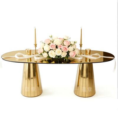 Harga bagus Meja Makan dan Kursi Set Stainless Steel Emas Atas Kaca Furnitur Pernikahan untuk Penggunaan Hotel on line