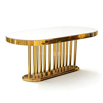 Harga bagus Meja Makan Panjang Bingkai Stainless Steel Oval Emas Cermin Kaca Putih untuk Hotel Pernikahan Grosir Furnitur Pernikahan on line