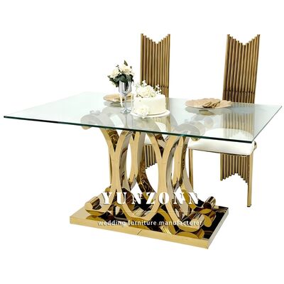 Harga bagus Modern mewah kaki emas persegi panjang dekorasi makan meja kaca set meja stainless steel untuk acara dekorasi pesta pernikahan on line