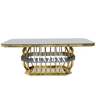 Harga bagus Meja Makan Pernikahan Stainless Steel Emas Modern Kaca Persegi Panjang Furnitur Hotel untuk Meja Pernikahan dan Sewaan on line