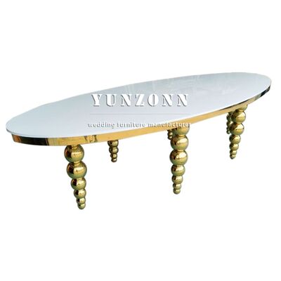 Harga bagus Putih MDF Desain Stainless Steel Kaki Perabot Pernikahan Meja Oval untuk Acara Partai on line