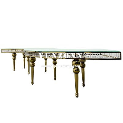 Harga bagus Hot Selling Serpentine Kaca Transparan Top Kristal Stainless Steel Meja Perjamuan Restoran Pusat Resepsi Meja Bulan on line