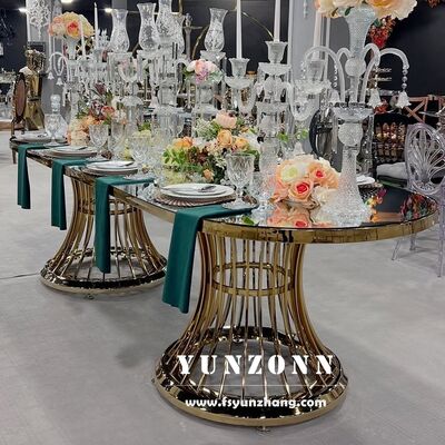 Harga bagus Meja Makan Kaca Stainless Steel Emas Mewah untuk Penggunaan Hotel Furnitur Pesta Elegan on line