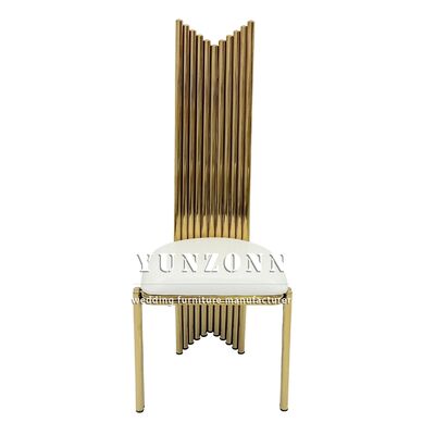 Harga bagus Kursi Pesta Pernikahan Ruang Makan Acara Perjamuan Sandaran Tinggi PU Putih Bingkai Emas Stainless Steel untuk Dijual on line