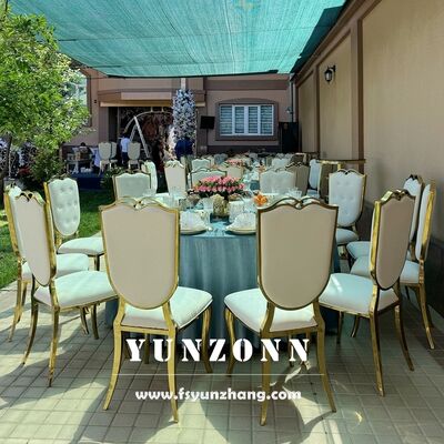 Harga bagus Kepala Kucing Baru Kerangka Baja Rinsing Hotel Kursi Pernikahan Perlengkapan Furnitur Kursi Acara Kulit Putih Emas Acara Pesta Perjamuan on line