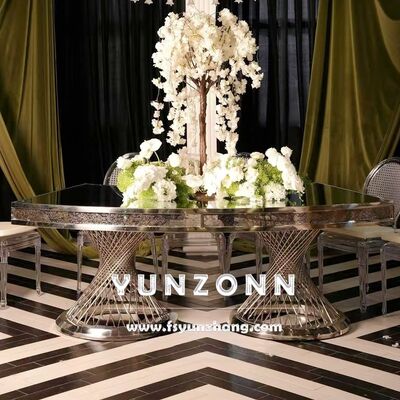 Harga bagus Meja Makan Kaki Ganda dengan Atasan Kaca Cermin Emas untuk Pernikahan dan Hotel on line