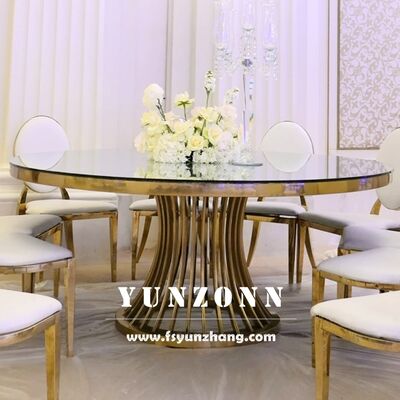 Harga bagus Meja Makan Bulat Mewah dengan Alas Stainless Steel Emas dan Atasan Kaca untuk Perjamuan Pernikahan dan Acara Furnitur Hotel on line