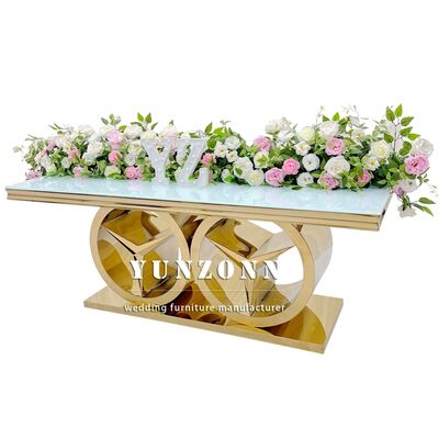 Harga bagus Meja makan persegi panjang emas modern dengan dasar Benz Meubel acara pernikahan mewah untuk penggunaan luar ruangan dan hotel Kaca / MDF Top on line