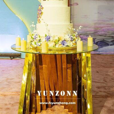 Harga bagus Meja Kue Kaca Putih untuk Meja Pernikahan Dengan Base Stainless Steel on line