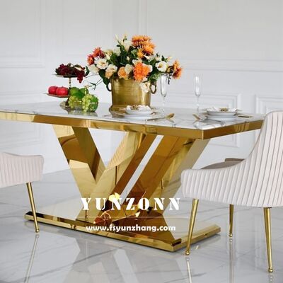Harga bagus Meja Makan Mewah Emas dengan Top Marmer Putih Furnitur OEM untuk Hotel Restoran untuk Penggunaan Ruang Tamu Perjamuan Bahan Logam on line