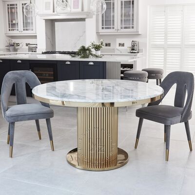 Harga bagus Meja Makan Stainless Steel Emas Modern dengan Kaki Bulat Marmer untuk Rumah Villa Hotel Pernikahan Furnitur Kontemporer Bergaya on line