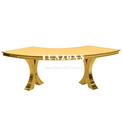 Harga bagus Modern Gold Cross X Legs Serpentine S-Shaped Glass and Metal Wedding Dining Meja Perjamuan untuk Outdoor Hotel Acara Pesta on line