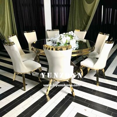 Harga bagus Kursi PU Punggung Tinggi Emas dengan Kaki Stainless Steel Furnitur Hotel Modern untuk Perjamuan Pesta Restoran on line