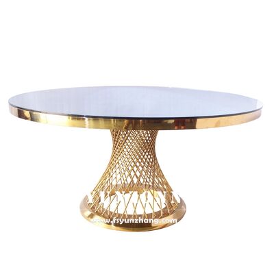 Harga bagus Meja Pesta Furnitur Mewah Emas Baja Tahan Karat Kaca Jaring Ikan Bulat Aula Perjamuan untuk Pernikahan on line