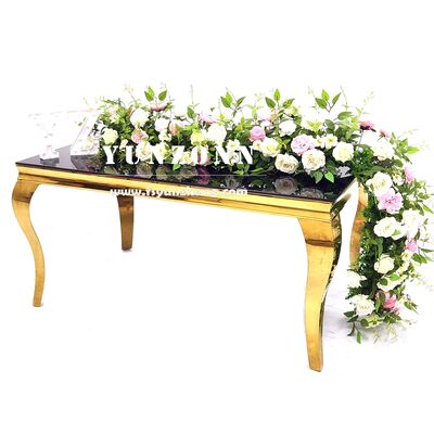 Harga bagus Romantis persegi panjang rangka stainless steel cermin kaca top modern desain furnitur makan untuk pernikahan acara hotel on line